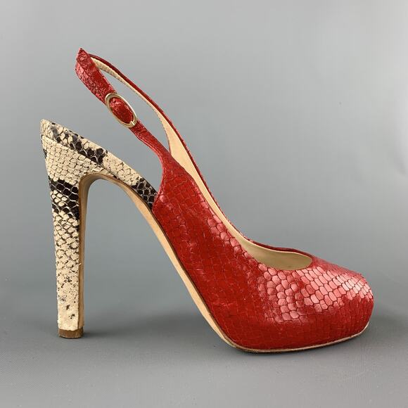 GIUSEPPE ZANOTTI Size 8 Red & Beige Snake Skin Slingback Peep Toe Pumps - Picture 1 of 8